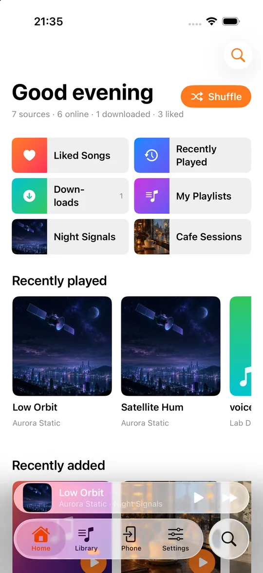 Playwave Home screen with recently played albums, mixes and sources