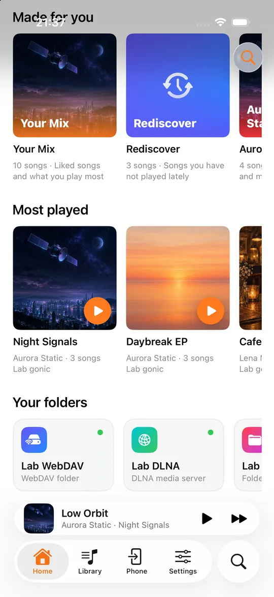 Playwave Home with mixes, most played albums and folder sources from WebDAV and DLNA