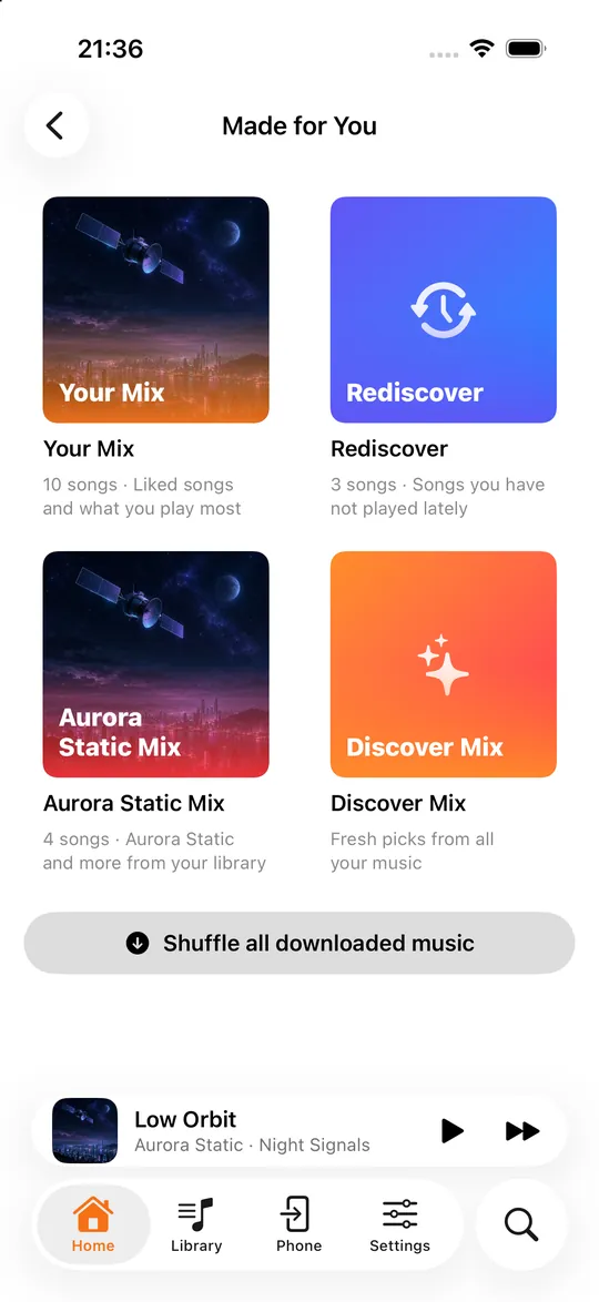 Made for You screen with Your Mix, Rediscover, artist mix and Discover Mix