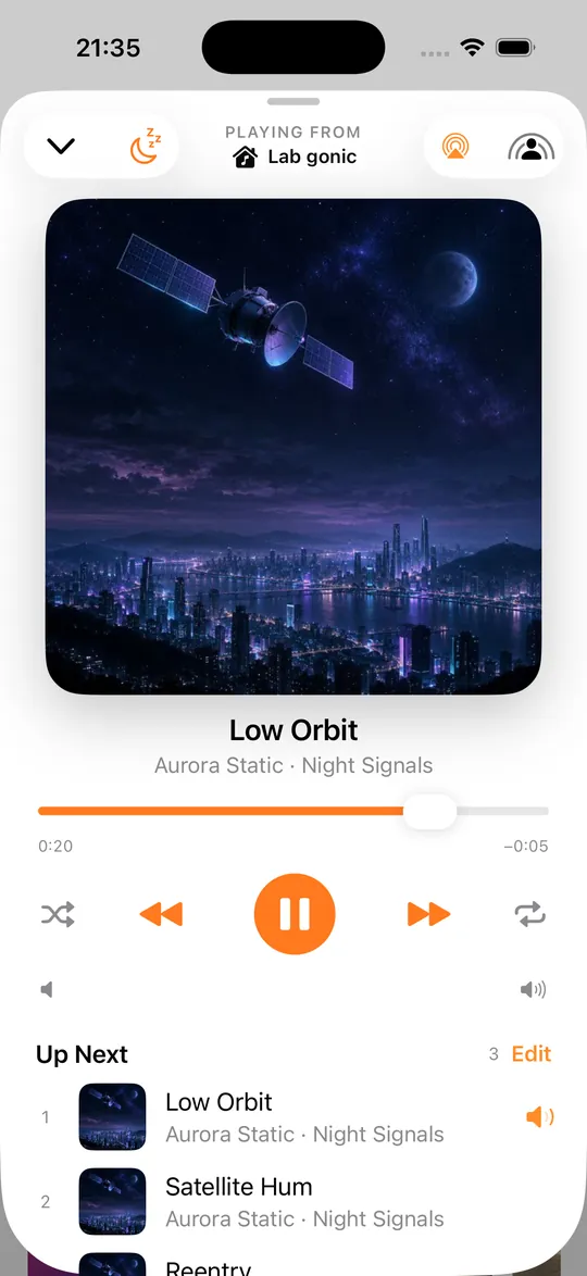 Playwave now playing screen with queue